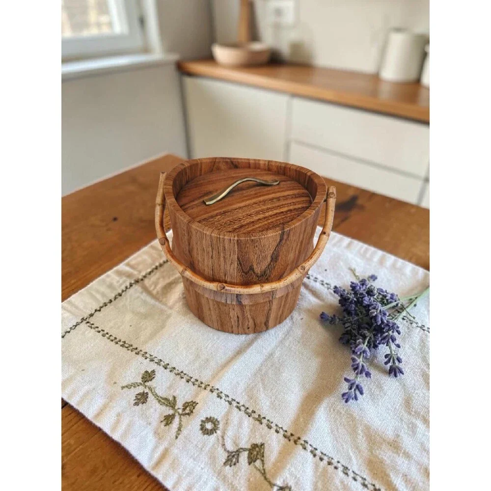 Vintage MCM Kraftware Faux Wood Ice Bucket with Bamboo Handle Made in USA